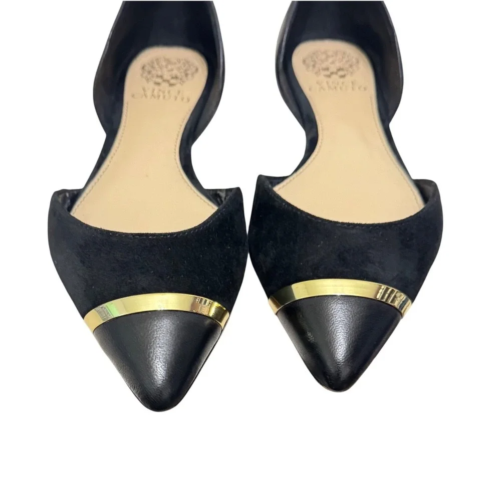 Vince Camuto Hope Pointed Toe‎ Flats Womens 8 Black Suede Leather Gold